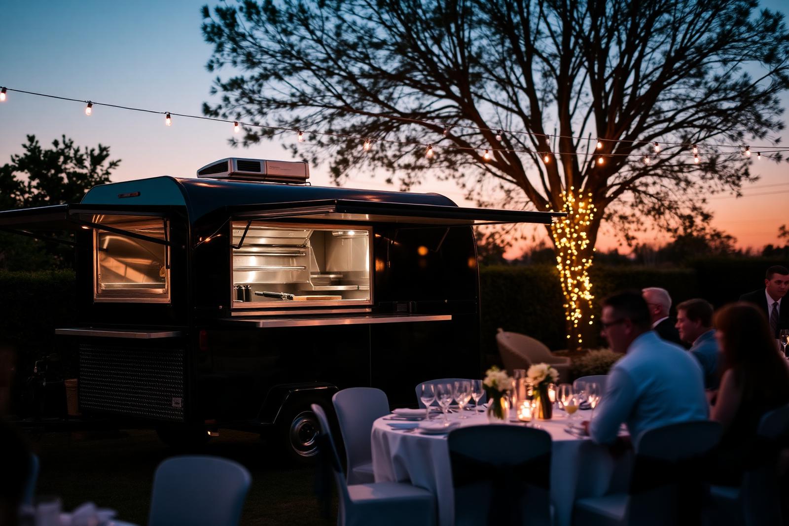 Remorque Kedufré installée pour un événement privé en soirée, tables dressées